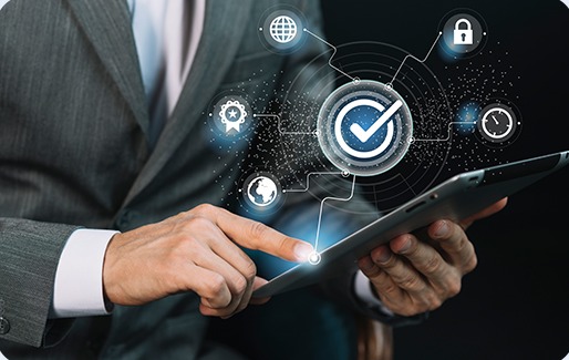 Verified company information reviewed on a tablet